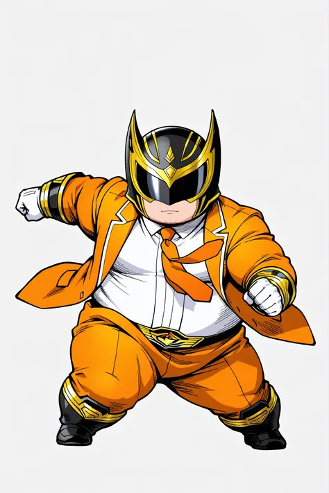 bdchibi,full body,Chibi, three-headed, fat, obese, solo, orange male Sentai hero, wearing an orange tie, dynamic pose, special effects style, orange suit with gold accents, black visor helmet, heroic expressionless mask, muscular but stylized body, action ...