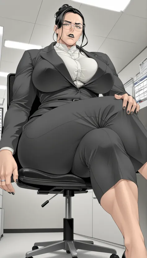 1woman, mature, mrskanenari, glasses, jewelry, earrings, grey eyes, black lips, huge breasts, black hair, black nails, married woman, ri, thick muscular thighs, wide curvy hips, white shirt, black suit, pencil skirt, office, sitting on chair, legs crossed,...