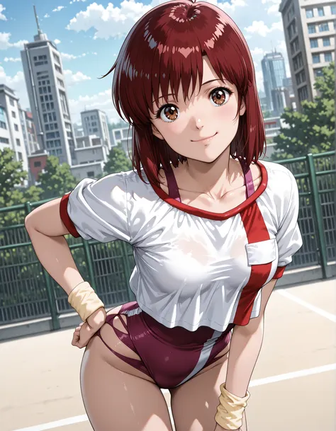 1girl, solo, looking at viewer, blurry background, cowboy shot, small chest,((takaya noriko, top wo nerae, red hair, short hair, brown eyes ,medium breasts, small breasts, pink leotard,gym uniform,white shirt,collarbone,wristband,leotard under clothes)), o...