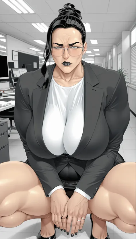 1woman, mature, mrskanenari, glasses, jewelry, earrings, grey eyes, black lips, huge breasts, black hair, black nails, married woman, wedding ring, thick muscular thighs, wide curvy hips, white shirt, black suit, pencil skirt, office, in squats position, l...