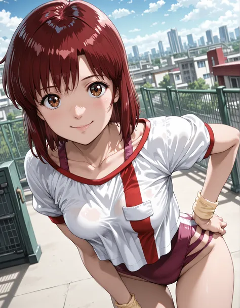 1girl, solo, looking at viewer, blurry background, cowboy shot, small chest,((takaya noriko, top wo nerae, red hair, short hair, brown eyes ,medium breasts, small breasts, pink leotard,gym uniform,white shirt,collarbone,wristband,leotard under clothes)), o...