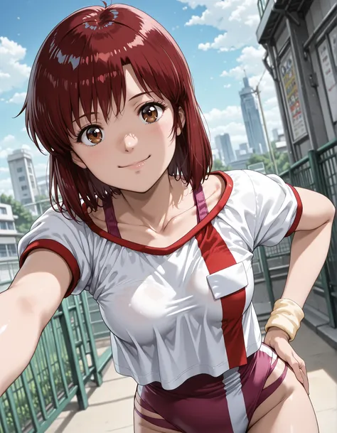 upper body, from below,1girl, solo, looking at viewer, blurry background, cowboy shot, small chest,((takaya noriko, top wo nerae, red hair, short hair, brown eyes ,medium breasts, small breasts, pink leotard,gym uniform,white shirt,collarbone,wristband,leo...