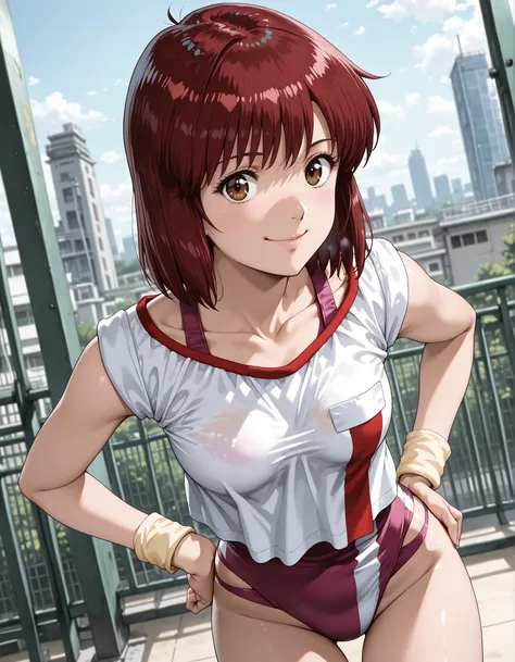 upper body, from below,1girl, solo, looking at viewer, blurry background, cowboy shot, small chest,((takaya noriko, top wo nerae, red hair, short hair, brown eyes ,medium breasts, small breasts, pink leotard,gym uniform,white shirt,collarbone,wristband,leo...