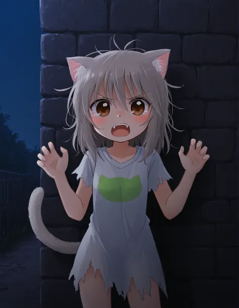 momoiro-melon_style,, 1girl, petite, (skinny and frail:0.7), cat girl, against wall, stone wall, brown eyes,looking at viewer, grey hair, medium hair, messy hair, angry, (scared:0.4), (open mouth:0.5), fangs, hands up, (tearing up:0.5), tail raised, torn c...