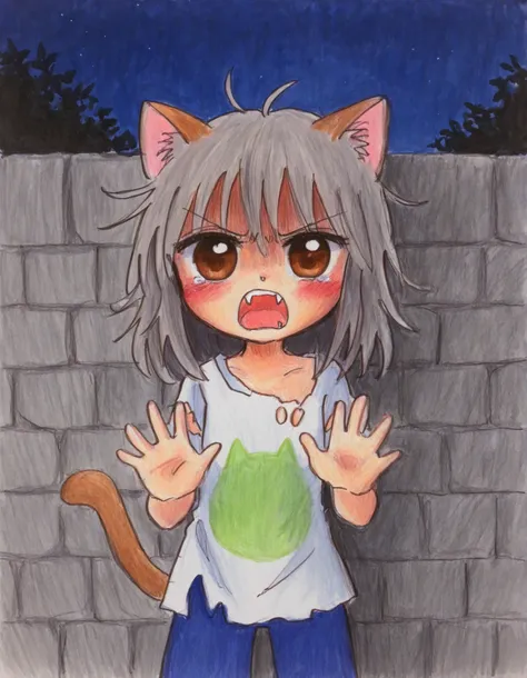 momoiro-melon_style, hand-drawn, traditional art, analog style,, 1girl, petite, (skinny and frail:0.7), cat girl, against wall, stone wall, brown eyes,looking at viewer, grey hair, medium hair, messy hair, angry, (scared:0.4), (open mouth:0.5), fangs, hand...