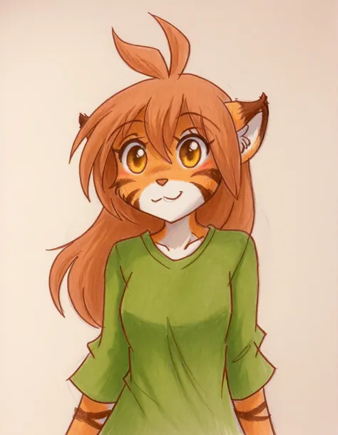 momoiro-melon_style, hand-drawn, traditional art, analog style,, furry, solo, flora-twokinds, flora_twokinds,, tiger, striped fur, keidran, yellow eyes, anthro, simple background,,, green shirt