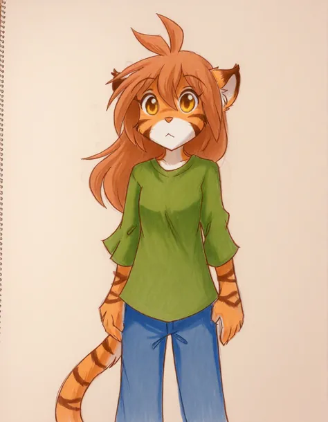 momoiro-melon_style, hand-drawn, traditional art, analog style,, furry, solo, flora-twokinds, flora_twokinds,, tiger, striped fur, keidran, yellow eyes, anthro, simple background,,, green shirt