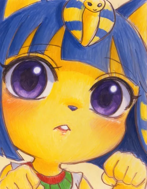 momoiro-melon_style, hand-drawn, traditional art, analog style,, depth of field, 1girl, furry, ankha \(animal crossing\), expressionless, eye reflection, yellow background, yellow theme, blue background, desert,, purple eyes, glowing eyes, wide-eyed, paw p...