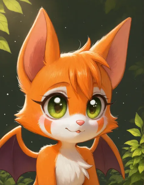 momoiro-melon_style, hand-drawn, traditional art, analog style,, masterpiece, best quality, very aesthetic, (1girl:0.7),, (solo:1.3), furry, fidget \(elysian tail\), nimbat, fidget_daet, anthro, furry female, wings, tail, green eyes, colored sclera, bat wi...