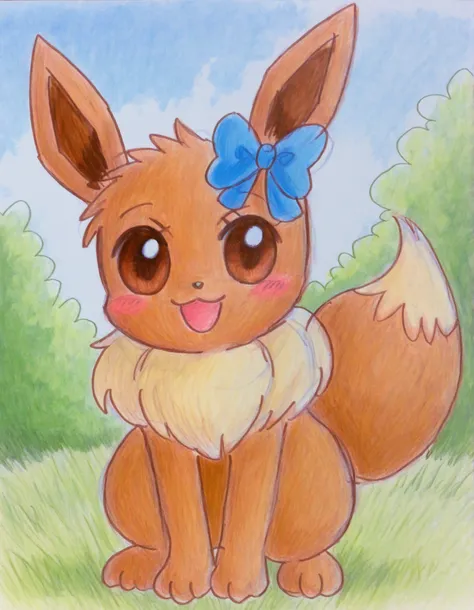 momoiro-melon_style, hand-drawn, traditional art, analog style,, pokekid, eevee, fluffy girl, furry girl, female, smile, smiling, has a big pretty bow in her hair, has animal paws for hands, 1girl, best quality, outdoors, high definition, cute,