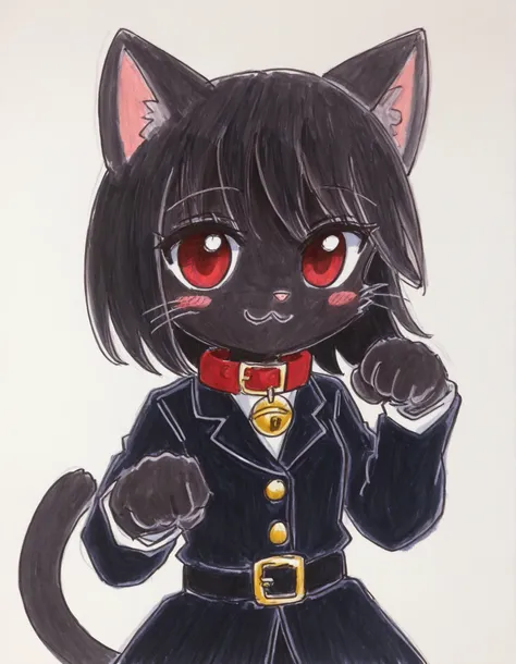 momoiro-melon_style, hand-drawn, traditional art, analog style,, masterpiece, best quality, very aesthetic, 1girl, solo, white background, looking at viewer, portrait, paw pose, :3, furry female, cat girl, animal ears, black hair, short hair, black skin, r...