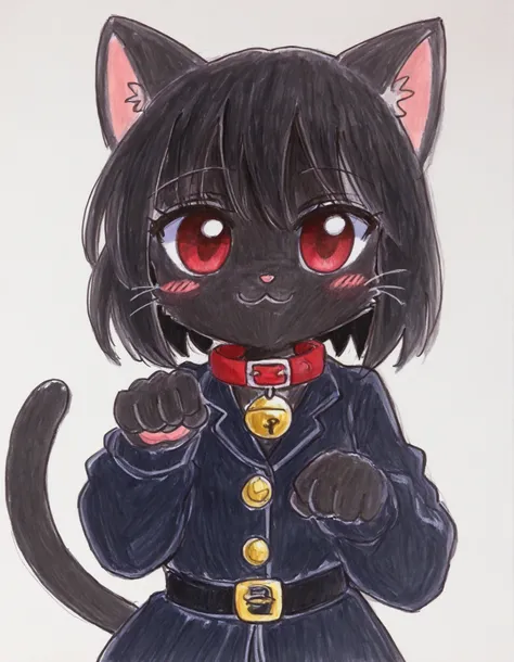 momoiro-melon_style, hand-drawn, traditional art, analog style,, masterpiece, best quality, very aesthetic, 1girl, solo, white background, looking at viewer, portrait, paw pose, :3, furry female, cat girl, animal ears, black hair, short hair, black skin, r...