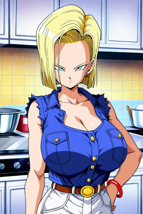 detailed background, ultra-detailed, 4k, 8k, best quality, masterpiece, anime screencap, high quality, official style,
android 18 , 1girl, blue eyes, extremely short hair, , upper body focus, frown, (huge breasts:1.3), very thin body, denim shirt, red b...