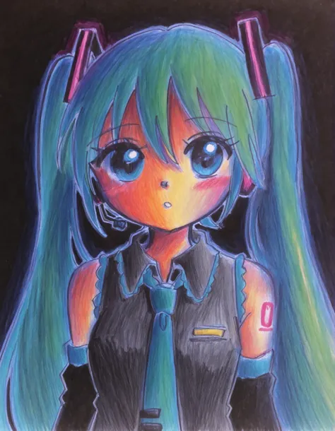 momoiro-melon_style, hand-drawn, traditional art, analog style,, Hatsune Miku, limited palette, black background, colorful, vibrant, glowing outline, neon, blacklight, looking at viewer, masterpiece, very aesthetic