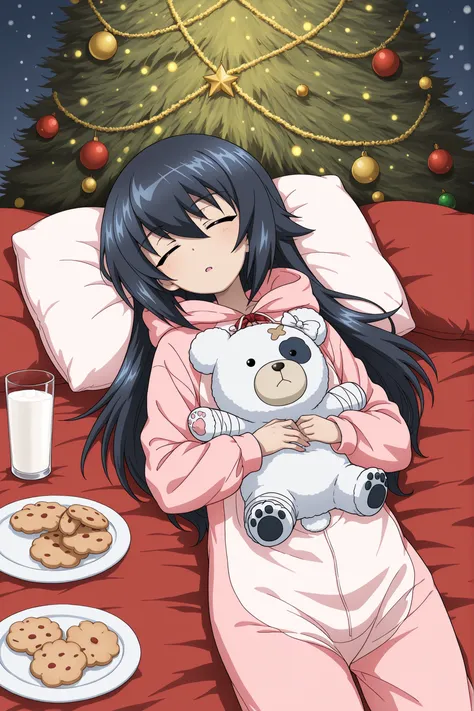 1girl, Character, Girls_und_Panzer, Mako Reizei, long hair, sleeping, onesie pajamas, white Boko bear, pillow, sleeping under a Christmas tree, plate of cookies and a glass of milk, front view, Girls_und_Panzer art style