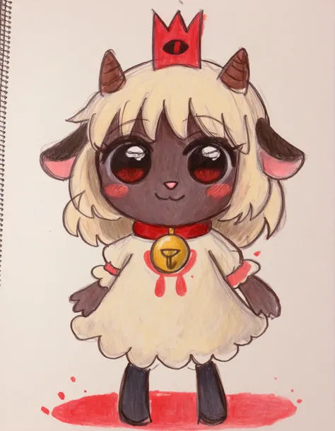 momoiro-melon_style, hand-drawn, traditional art, analog style,, masterpiece, best quality, very aesthetic, 1girl, solo, cult of the lamb, sheep girl, collar, horizontal pupils, red/black eyes, red crown,