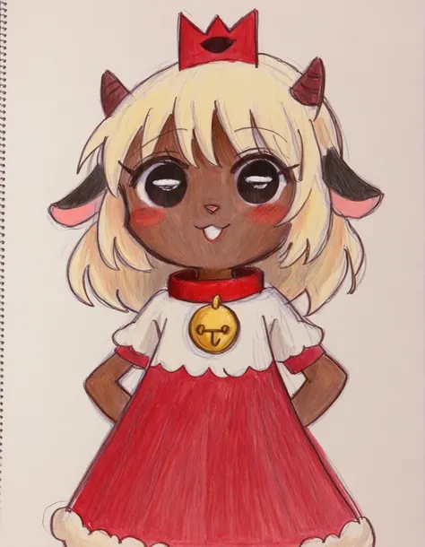 momoiro-melon_style, hand-drawn, traditional art, analog style,, masterpiece, best quality, very aesthetic, 1girl, solo, cult of the lamb, sheep girl, collar, horizontal pupils, red/black eyes, red crown,