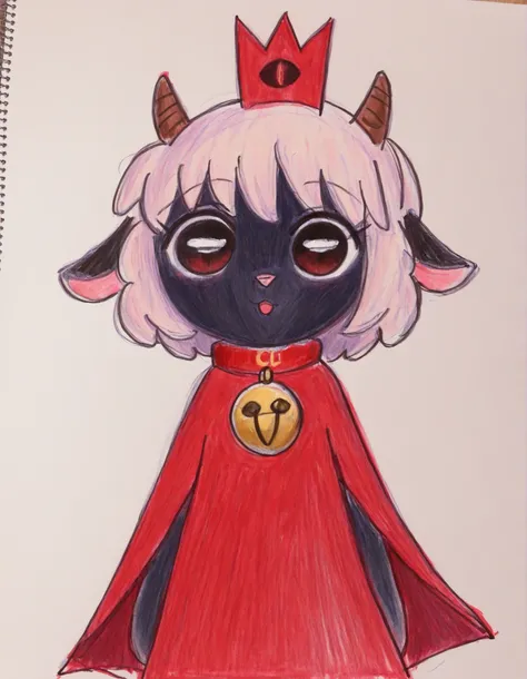 momoiro-melon_style, hand-drawn, traditional art, analog style,, masterpiece, best quality, very aesthetic, 1girl, solo, cult of the lamb, sheep girl, collar, horizontal pupils, red/black eyes, red crown,