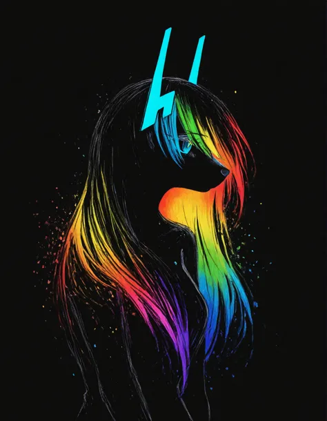 momoiro-melon_style, hand-drawn, traditional art, analog style,, furry girl, anthro, facing sideways, elegant pose, silhouette body, (glossy black fur), (neon outlines), (flat lighting), exploding fractals, liquid neon paint, splash effect, rainbow iridesc...
