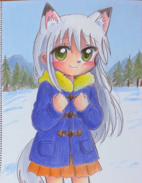 momoiro-melon_style, hand-drawn, traditional art, analog style,, anime, solo, BREAK, young fox girl, skinny and frail, (petite,cute:0.5), green eyes, looking at viewer, long hair, white hair, smile, winter clothes, outdoors, winte