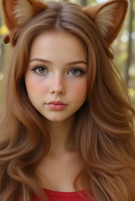 Realistische, lifelike photograph of a very youthful-looking 18-year-old woman with fox ears, long fox hair and big round brown eyes. location: Deep in the mountains in autumn. (Sanduhrfigur:1.3), (wears shiny, sheer sun-tanned tights:1.2), Autumn leaves f...