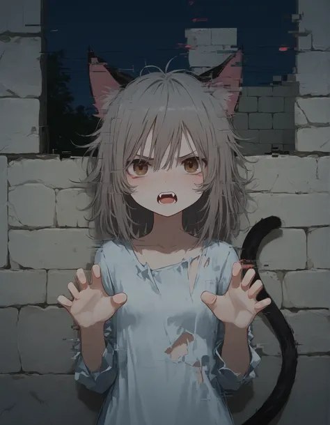 m4ndo_genai_style,abstract,glitch,, 1girl, petite, (skinny and frail:0.7), cat girl, against wall, stone wall, brown eyes,looking at viewer, grey hair, medium hair, messy hair, angry, (scared:0.4), (open mouth:0.5), fangs, hands up, (tearing up:0.5), tail ...
