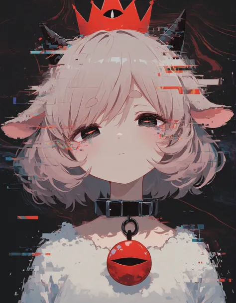 m4ndo_genai_style,abstract,glitch,, masterpiece, best quality, very aesthetic, 1girl, solo, cult of the lamb, sheep girl, collar, horizontal pupils, red/black eyes, red crown,