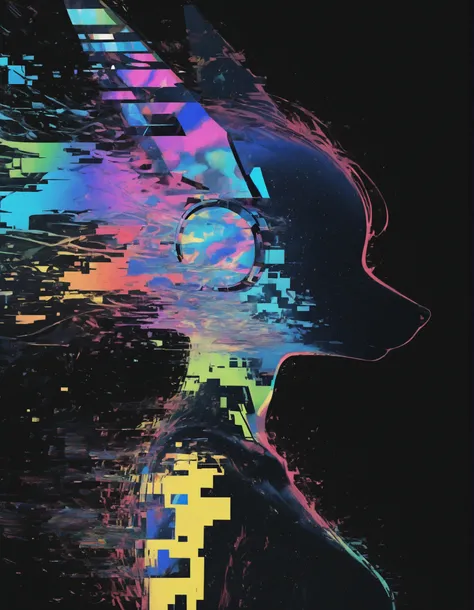 m4ndo_genai_style,abstract,glitch,, furry girl, anthro, facing sideways, elegant pose, silhouette body, (glossy black fur), (neon outlines), (flat lighting), exploding fractals, liquid neon paint, splash effect, rainbow iridescent hair, gradient glow, (tri...