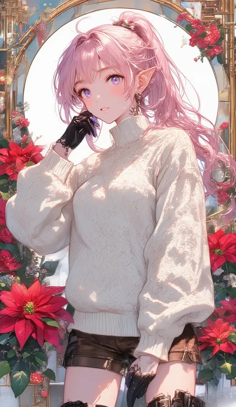 ((best image quality、Japanese Illustration Style))、Artistically drawn、Stunning Portraits of Beautiful Women with Carefully Drawn Details。20 years old、Winter Trending White Feather Knit Sweatersxlong boots x brown shorts、上品なpink hairの少女。(petite girl、pink ha...