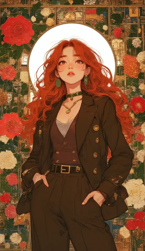 (((best image quality、Japanese Illustration Style)))、Artistically drawn、A stunning portrait of a beautiful woman carefully drawn down to the smallest detail。
Winter trend :brown W button tailored jacket x wide pants、create a modern style。
(sexy adult woman...