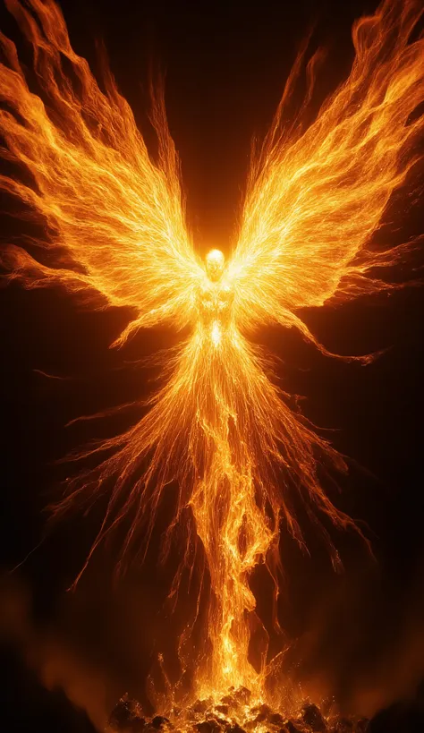 Ancient mythology style, Archangel Uriel is being of unparalleled light erupting in golden sunflares that form a Phoenix around his angelic beauty, flame radiating and abstract like living flame layered like leaves in dmai style yellow, orange red、The mome...