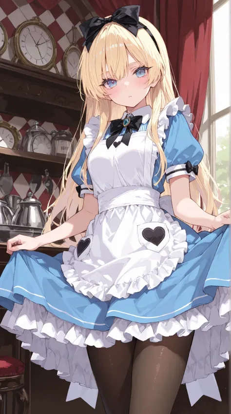 masterpiece,best quality,Super Details,8k,Alice in Wonderland eyelashes Blonde Long blue eyes dress Apron Ruffle no tights Trump Heart