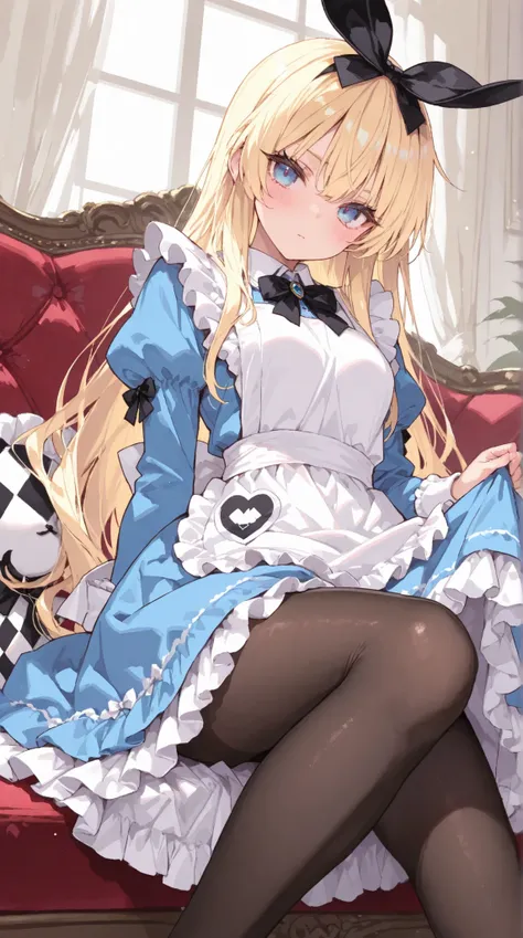 masterpiece,best quality,Super Details,8k,Alice in Wonderland eyelashes Blonde Long blue eyes dress Apron Ruffle no tights Trump Heart