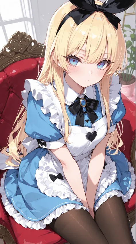 masterpiece,best quality,Super Details,8k,Alice in Wonderland eyelashes Blonde Long blue eyes dress Apron Ruffle no tights Trump Heart