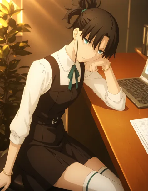 ufutable style ,masterpiece,best quality,good quality,newest, 8k, from side, from above,
indoors ,(cinematic light, sunlight, sidelight), (sitting ), (plant ,detailed background, office),parted lips, ,
,
looking at viewer, (), ,head tilt, head rest, brace...