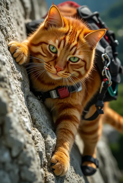 Image: Close-up, photorealistic. A red-haired anthropomorphic mountaineer cat with thick fur and a mustache in slow motion. He froze at a critical point on a vertical limestone cliff. His powerful, soft paw in a climbing shoe searches for a micro-clue on a...