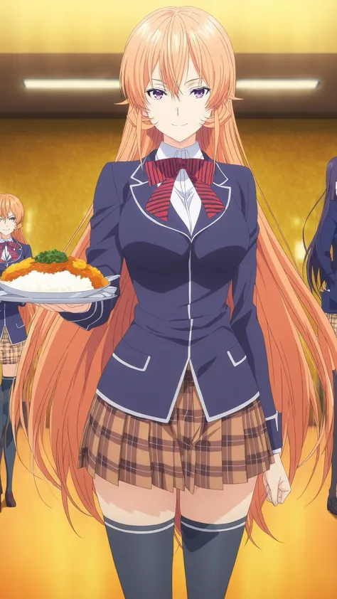  anime coloring, source_anime, hires image, masterpiece, best quality,   newest, masterpiece, best quality, 4k, 1girl, long hair, orange hair, purple eyes, hair between eyes, skirt, thighhighs, bow, school uniform, jacket, pleated skirt, shoes, black thigh...