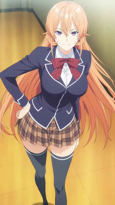  anime coloring, source_anime, hires image, masterpiece, best quality,   newest, masterpiece, best quality, 4k, 1girl, long hair, orange hair, purple eyes, hair between eyes, skirt, thighhighs, bow, school uniform, jacket, pleated skirt, shoes, black thigh...