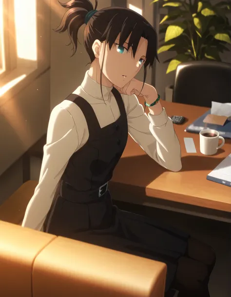 ufutable style ,masterpiece,best quality,good quality,newest, 8k, from side, from above,
indoors ,(cinematic light, sunlight, sidelight), (sitting ), (plant ,detailed background, office),parted lips, ,
,
looking at viewer, (), ,head tilt, head rest, brace...