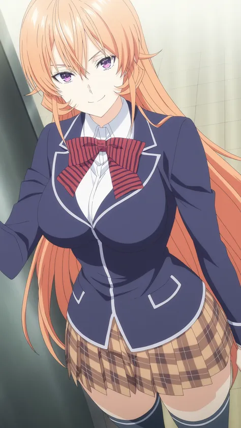  anime coloring, source_anime, hires image, masterpiece, best quality,   newest, masterpiece, best quality, 4k, 1girl, long hair, orange hair, purple eyes, hair between eyes, skirt, thighhighs, bow, school uniform, jacket, pleated skirt, shoes, black thigh...