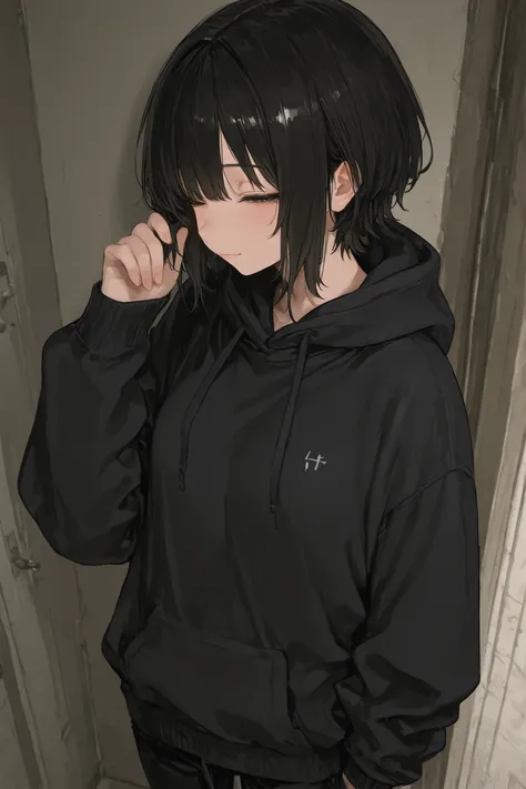 ((top quality)), ((Masterpiece)), ( details), animation、top quality、details, one wonen, black short hair, almost closed eye, black hoodie, black pants, litte smile