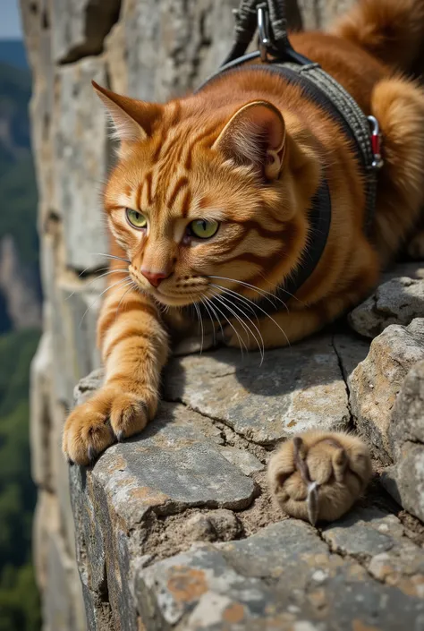 Close-up, photorealistic. A red-haired anthropomorphic mountaineer cat with thick tabby fur and a beautiful mustache in slow motion. He was frozen at a critical point on a vertical limestone cliff. His powerful soft paw with extended claws searches for a m...