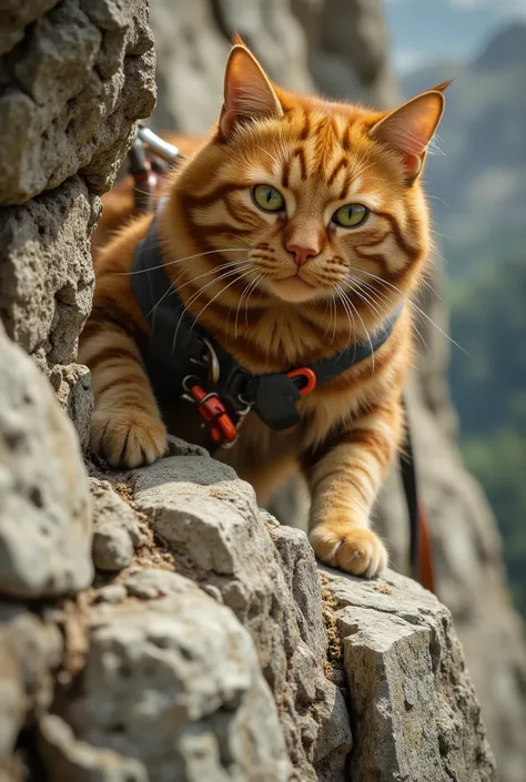 Close-up, photorealistic. A red-haired anthropomorphic mountaineer cat with thick tabby fur and a beautiful mustache in slow motion. He was frozen at a critical point on a vertical limestone cliff. His powerful soft paw with extended claws searches for a m...