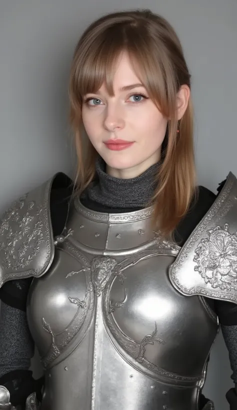 neat young woman wearing luxurious silver armor、、female knight、、漆黒の髪、、ear piercings、looking at camera、looking directly in front、怒り顔、口を閉じている、への字口、、、face close-up、grey background、
