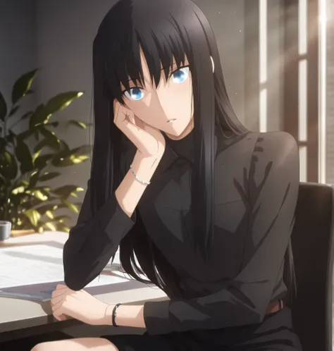 ufotable style ,masterpiece,best quality,good quality,newest, 8k, , from above,
indoors ,((cinematic light, sunlight, backlight)), (sitting ), (plant ,detailed background, office),parted lips, , 
light embarrassed,
looking at viewer, (upturned eyes), ,head...