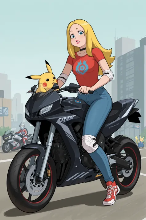 Francine Smith, looking at viewer, pink lipstick, choker, Blonde hair, small breasts. long hair. blonde hair, | "Ultraman: Urban Defense"
Draw a dynamic battle scene of Ultraman and a monster in the city..
winter motorcycle clothing, motorcycle body protec...