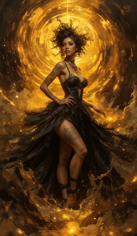 Impressionist surrealism, photo-realistic sensual portrait of a beautiful, chairmaric caucasian half-Black woman in her late 20s, radiating comeliness, elegance, and supernatural mystery. Her deep golden-brown skin glows with lifelike detail. She stands 5’...