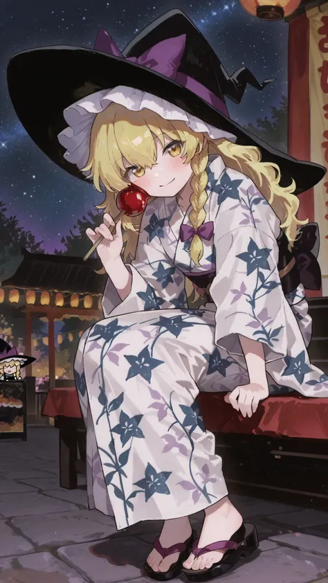Quality(masterpiece、最高Quality、high resolution、beautiful face down to the details、anatomically accurate、detailed description)、Touhou Project,Marisa,Kirisame Marisa、Witch Hat 、Dynamic Perspective、mischievous smile、and she is wearing a starry sky patterned yu...