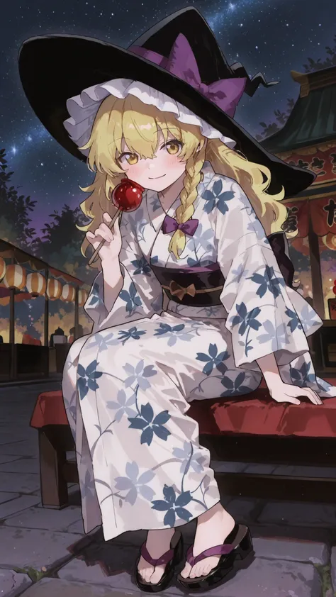 Quality(masterpiece、最高Quality、high resolution、beautiful face down to the details、anatomically accurate、detailed description)、Touhou Project,Marisa,Kirisame Marisa、Witch Hat 、Dynamic Perspective、mischievous smile、and she is wearing a starry sky patterned yu...