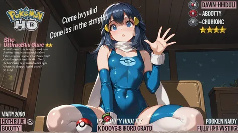 Dawn \(pokemon\) a beautiful gir,l on the middle of the image, a 1girl, who appears to be a young adult, she has straight, reddish-blue hair and is wearing pink thigh-high socks. her body is slim, and she is wearing no shoes. 1girl, solo, unrivaled beau...